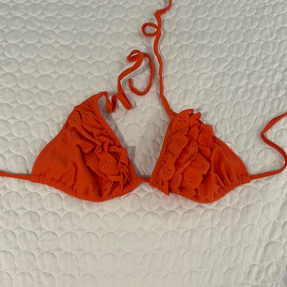 Xhilaration women size medium orange triangle bikini top with ruffles and cutout